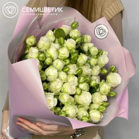 Букет из 11 белых кустовых пионовидных роз 70 см (Россия) в сиреневой пленке