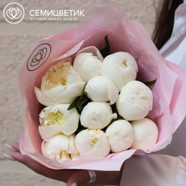 Букет из 11 белых пионов Standart Plus в розовой пленке