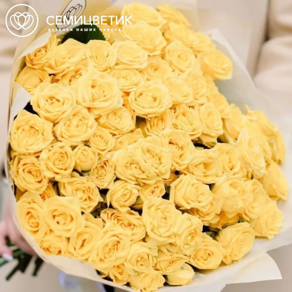 Букет из 25 желтых кустовых роз 40 см (Кения) в белой пленке