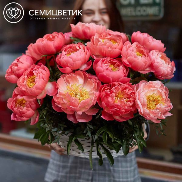 Композиция из 25 коралловых пионов Coral Sunset Premium в корзине