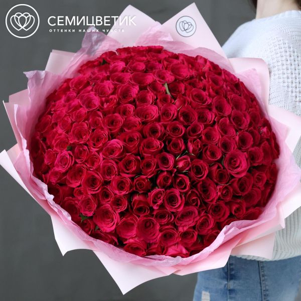 Букет из 151 малиновой розы 40 см (Кения) в розовой пленке