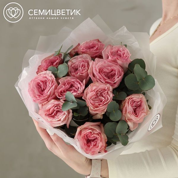Букет из 11 пионовидных роз Pink Ohara 50 см с эвкалиптом в прозрачной пленке