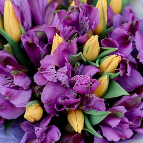 Букет из 16 желтых тюльпанов 40 см и 7 альстромерий в фиолетовых тонах в голубой пленке