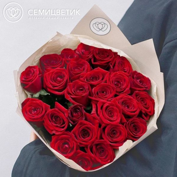 Букет из 25 красных роз 50 см (Россия) в кремовой пленке
