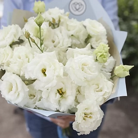 Букет из 15 белых махровых лизиантусов в голубой пленке