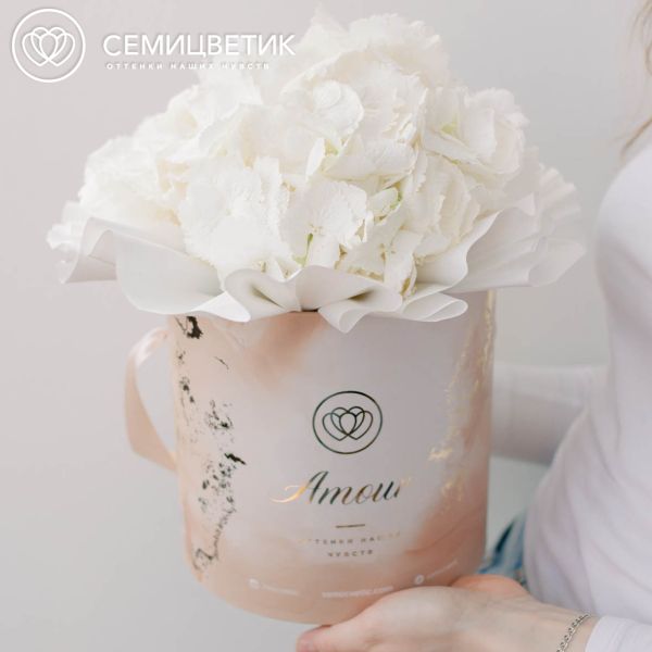 Букет в бежевой шляпной коробке Amour Mini из 3 белых гортензий