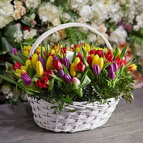 Композиция из 201 тюльпана микс с зеленью в корзине