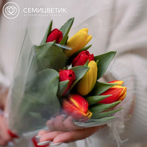 Букет из 7 тюльпанов микс 40 см в пленке