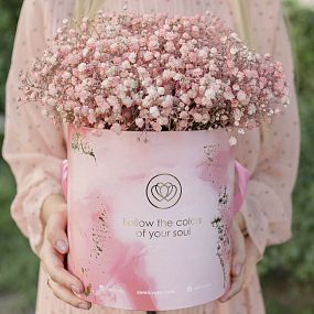 Букет в розовой шляпной коробке Amour Mini из 9 персиковых гипсофил