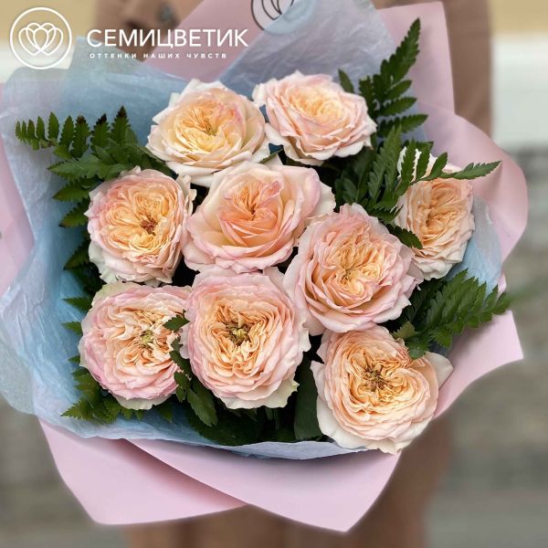 Букет из 9 персиковых пионовидных роз Flash Back 40 см c папоротником