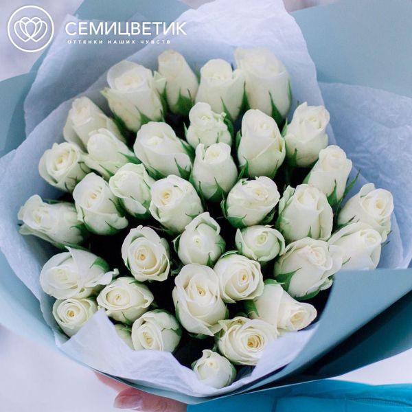 Букет из 35 белых роз 40 см (Кения) в голубой пленке