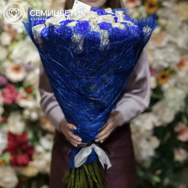 Букет из 71 белой и синей розы 60 см (Эквадор) в упаковке
