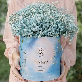 Букет в голубой шляпной коробке Amour Mini из 9 голубых гипсофил