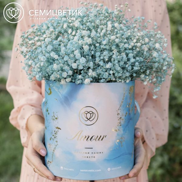 Букет в голубой шляпной коробке Amour Mini из 9 голубых гипсофил