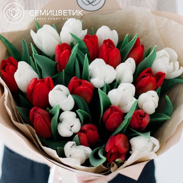 Букет из 25 красных и белых тюльпанов 40 см