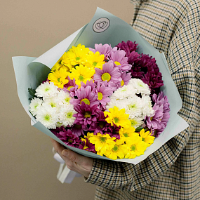 Букет из 9 кустовых хризантем микс в голубой пленке