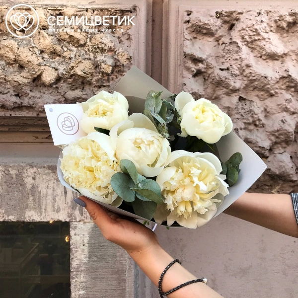 Букет из 5 белых пионов Premium с эвкалиптом в белой пленке