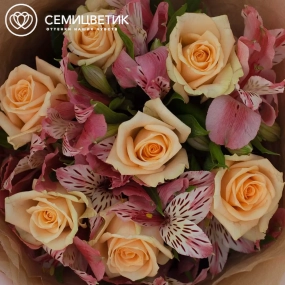 Букет из 7 кремовых роз 35-40 см (Россия) и 4 альстромерий в розовых тонах в розовой пленке
