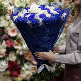 Букет из 71 белой и синей розы 60 см (Эквадор)