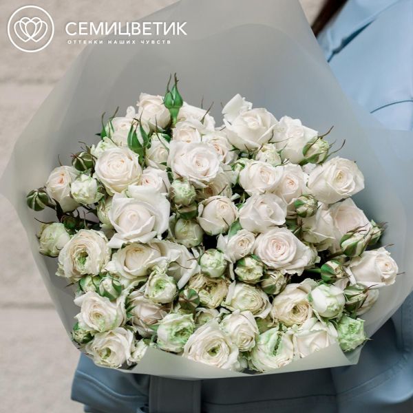 Букет из 15 кустовых пионовидных белых роз 50 см (Россия)