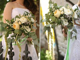 Свадебный букет из пионовидных роз, амаранта и брунии