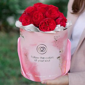 Букет в розовой шляпной коробке Amour Mini из 19 красных пионовидных роз Red Piano