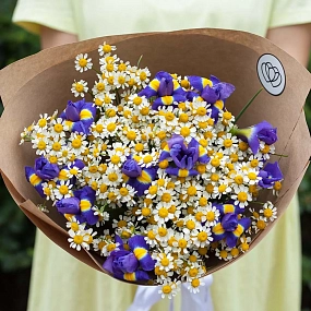 Букет из матрикарии и ирисов в упаковке