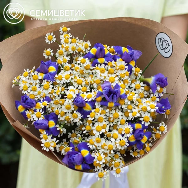 Букет из матрикарии и ирисов в упаковке