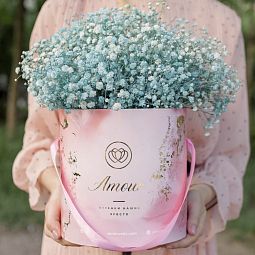 Букет в розовой шляпной коробке Amour Mini из 9 голубых гипсофил