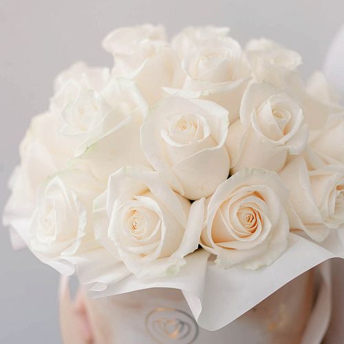 Букет в бежевой шляпной коробке Amour Mini из 25 белых роз (Эквадор) Vendela