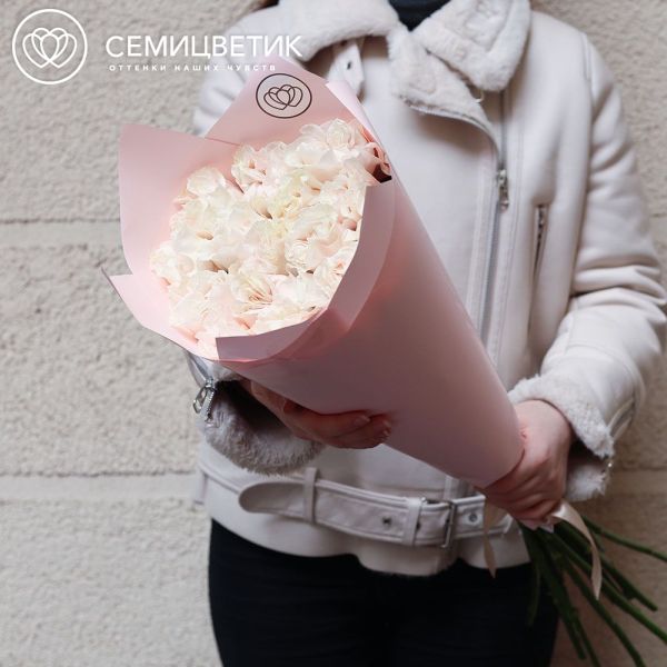 Букет из 15 кремовых пионовидных роз Cotton X-pression 70 см (Эквадор) в розовой упаковке