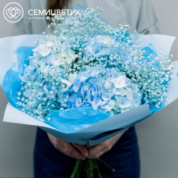 Букет из 3 голубых гортензий с голубой гипсофилой в голубой пленке