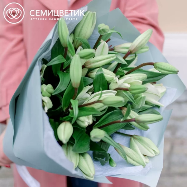 Букет из 7 белых лилий азиатка в голубой пленке