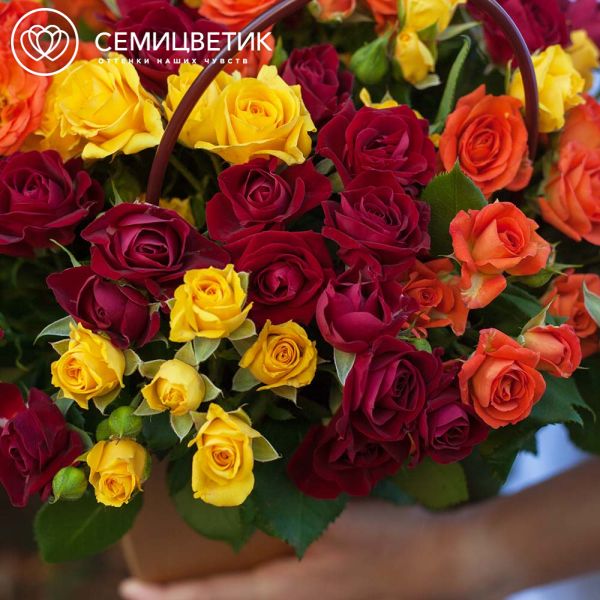 Композиция из 25 кустовых роз в ярких тонах в сумочке