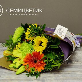 Букет из лилии, гербер и хризантемы в упаковке