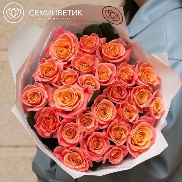 Букет из 25 коралловых роз 70 см (Россия) в белой пленке