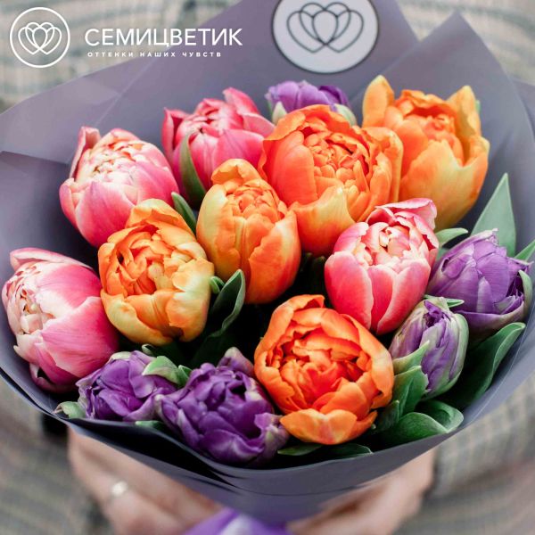 Букет из 15 пионовидных тюльпанов микс в сиреневой пленке