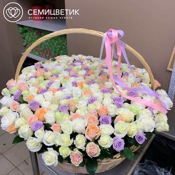 Композиция из 301 розы нежный микс (Эквадор) в корзине