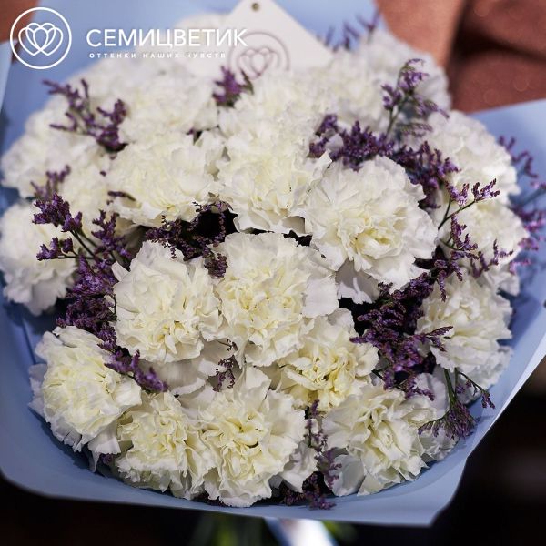 Букет из 35 белых гвоздик с зеленью