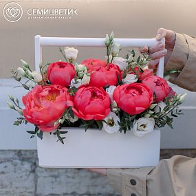 Деревянный ящик с 11 коралловыми пионами Coral Sunset Premium и лизиантусами