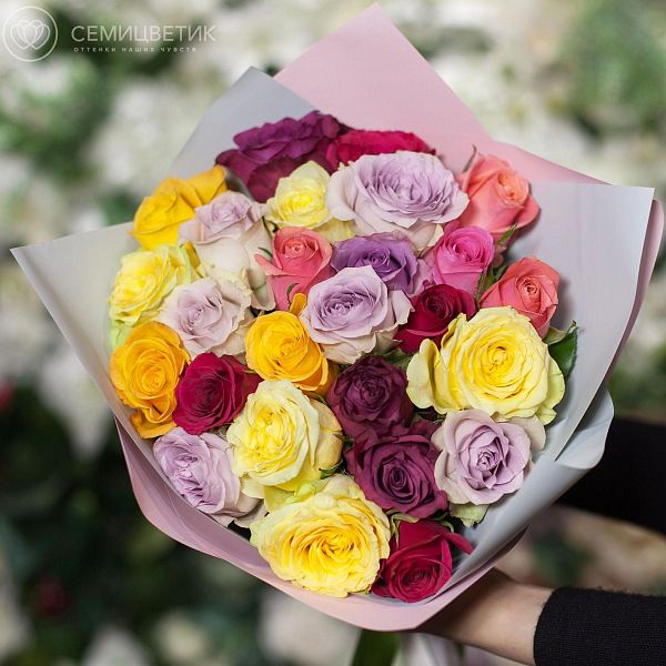 25 роз микс в ярких тонах (Кения) 40 см Premium