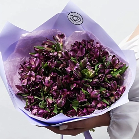 Монобукет  из 25 альстромерий в фиолетовых тонах в сиреневой пленке