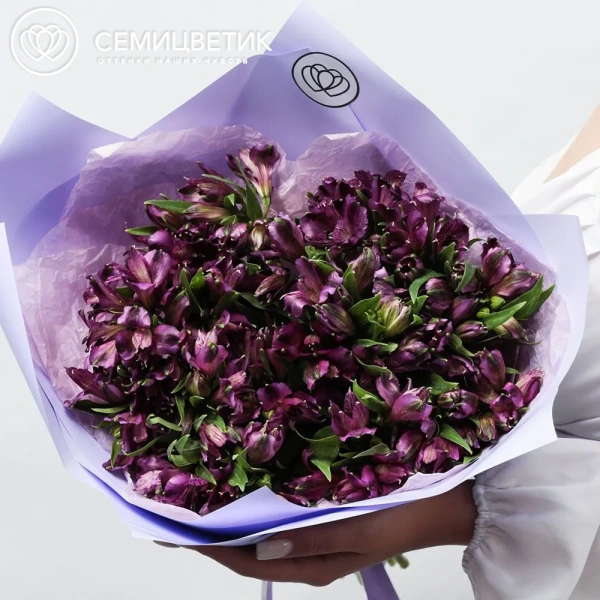 Букет из 25 альстромерий в фиолетовых тонах в сиреневой пленке