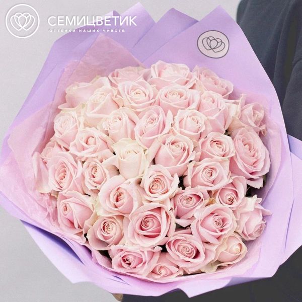Букет из 35 нежно-розовых роз 50 см (Россия) в сиреневой пленке