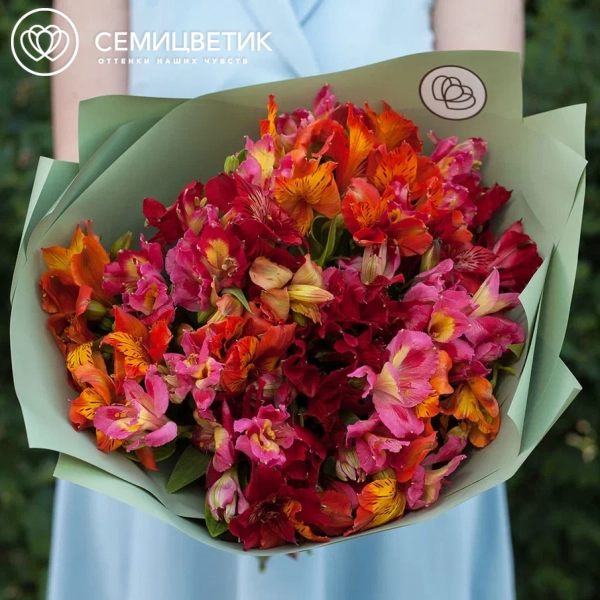 Букет из 25 красных, оранжевых и малиновых альстромерий