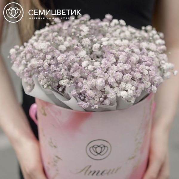 Букет в розовой шляпной коробке Amour Mini из сиреневой гипсофилы