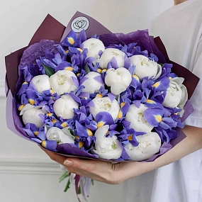 Букет из 15 белых пионов Premium и 26 синих ирисов в сиреневой пленке