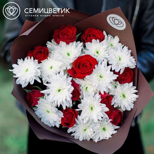 Букет из 3 белых кустовых хризантем и 10 красных роз (Кения) в бордовой пленке