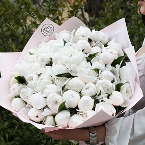 Букет из 51 нежно-розового пиона Standart в сиреневой пленке