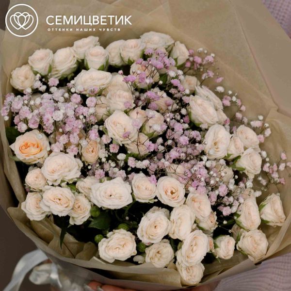 Букет из 13 кремовых кустовых роз 40 см (Кения) и 2 розовых гипсофил